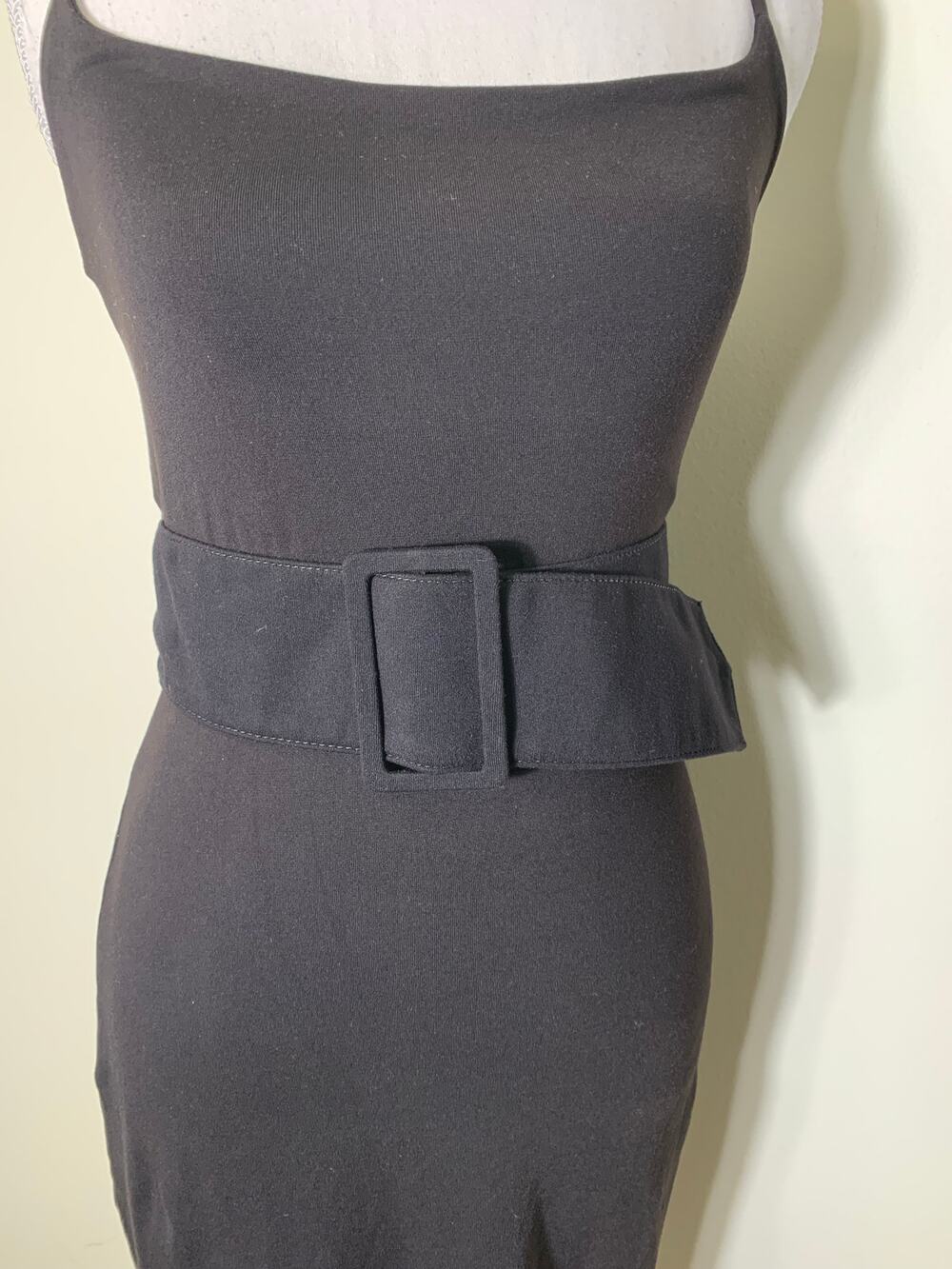 Susana Monaco Black Spaghetti Strap Belted Body Con Below The Knee Dress Sz xs